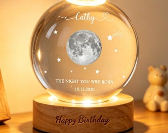 Personlig mån-LED kristallkula nattlampa, natten du föddes, månfas efter datum, födelsedagsnattlampa, sentimental månlampa för henne