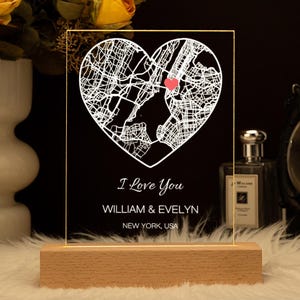 Lámpara de noche con mapa de nuestra primera cita personalizada, placa acrílica con impresión de mapa personalizada, lámpara de noche LED con mapa de dónde comenzó todo, regalo de aniversario único