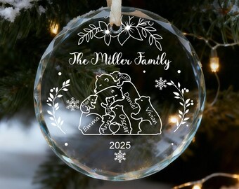 Personalized Hugging Bear Family Names Puzzle Glass Ornament, Custom Polar Bear Family Christmas Bauble, Bear Christmas Keepsake, Xmas Gifts