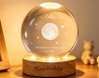 Personalized Moon LED Crystal Ball Night Light,The Night You Were Born,Moon Phase by Date,Birthday Night Lamp,Sentimental Moon Lamp for Her