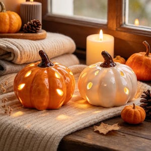 May include: Two ceramic pumpkin-shaped lanterns, one orange and one white, featuring cut-out openings that emit a warm glow. They are placed on a textured beige knit fabric alongside several small decorative pumpkins, candles, and pinecones.