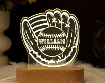 Personlig basebollhandskar LED-nattlampa, anpassad basebollnattlampa, julklapp till basebollspelare, sportdekorationslampa för barnrum