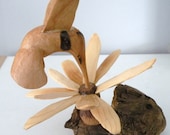 Red throat hummingbird and daisy flower wood hand carved art sculpture woodworking