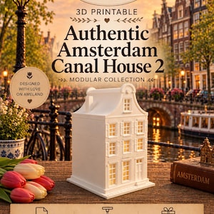 May include: A white 3D printable model of an Amsterdam canal house with multiple windows and a gabled roof. The text reads: FIONA'S WORLD in crafts, 3D PRINTABLE, Authentic Amsterdam Canal House 2, MODULAR COLLECTION, DESIGNED WITH LOVE ON AMELAND.