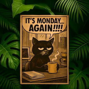 Funny Depressed Cat Poster, It&#39;s Monday Again, Black Cat Painting, Vintage Cat Poster, Funny Wall Art, Cat Lover Gift