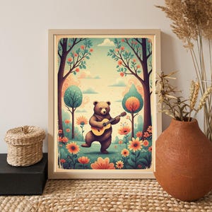 Bear Playing Guitar Frame, Abstract Wall Art, Guitar Gift, Brown Bear Print, Living Room Wall Art, Funny Wall Art