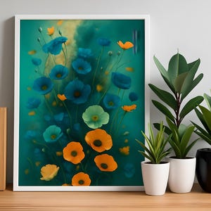 Framed Poppies Painting, Vibrant Blue Poppies, Floral Art, Wall Decor, Vibrant Painting, Art Gift, Home Decor