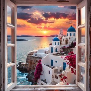 Greece Art Print, Santorini Village Sunset Poster, Greek Island Art, Mediterranean Decor, Santorini Wall Art, Home Decor
