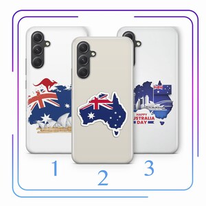 May include: Three different phone cases with Australian flag designs. The first case features a kangaroo and the Sydney Opera House. The second case features a map of Australia with the Australian flag. The third case features a map of Australia with the Sydney Opera House and the text "Happy Australia Day".