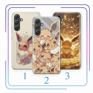 May include: Three phone cases featuring different illustrations of Eevee and its evolutions. The first case has a single Eevee standing on a light brown background. The second case has a group of Eevee and its evolutions huddled together on a light blue background. The third case has a single Flareon standing on a yellow background with a golden glow.