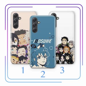 May include: Three phone cases with different designs featuring characters from the anime Demon Slayer. The first case has a collage of characters, the second case features Inosuke Hashibira, and the third case has a group of characters.
