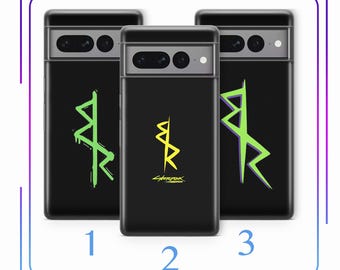 May include: Three black phone cases with colorful graphic designs. The cases feature neon green, yellow, and purple geometric shapes. The text "Cyberpunk" is visible on one case. The cases are numbered 1, 2, and 3.