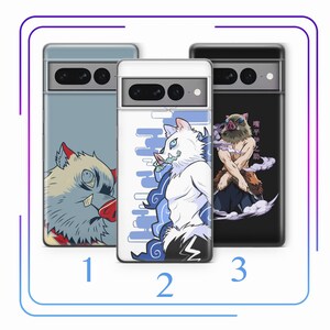 Peut inclure: Trois coques de téléphone avec différents personnages de Demon Slayer. La première coque présente un démon gris et blanc avec des yeux rouges. La deuxième coque présente un démon blanc avec un motif de nuage bleu et blanc. La troisième coque présente un démon noir et blanc avec un motif de nuage rouge et blanc. Le texte sur la troisième coque est "呼吸之鬼".