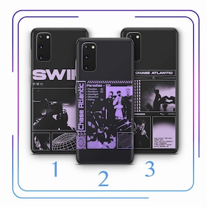 May include: Three black phone cases with different designs. The first case has the word "SWI" in white letters. The second case has the text "Chase Atlantic" and "Paradise - EP" in purple letters. The third case has the text "CHASE ATLANTIC" in white letters.