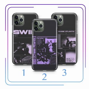 Puede incluir: Tres fundas de teléfono negras con diseños diferentes. La primera funda tiene la palabra "SWII" en texto blanco. La segunda funda tiene una foto de banda con el texto "Chase Atlantic" y "Paradise - EP". La tercera funda tiene el texto "CHASE ATLANTIC" y una silueta de una persona.