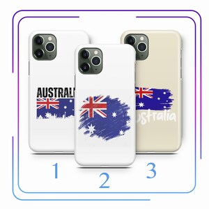 May include: Three different phone cases with Australian flag designs. The first case is white with a black silhouette of the Sydney skyline and the Australian flag. The second case is white with a blue and red Australian flag with a white background. The third case is beige with a blue and red Australian flag with a white background and the word "Australia" in black text.