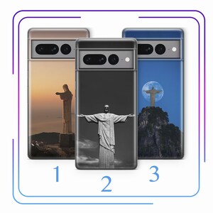 May include: Three phone cases featuring different images of the Christ the Redeemer statue in Rio de Janeiro, Brazil. The first case shows a sunset view, the second case is black and white, and the third case shows a blue sky with a moon.