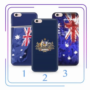 May include: Three different iPhone cases with Australian flag designs. The first case features a faded Australian flag with a white star in the corner. The second case features the Australian coat of arms on a navy blue background. The third case features a watercolor-style Australian flag with white stars.