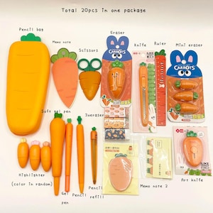 Conjunto de Papelaria Kawaii com 20 Peças – Tema Morango ou Cenoura | Materiais Escolares Fofos para Crianças | Estojo, Bloco de Notas, Canetas, Cortador e Mais