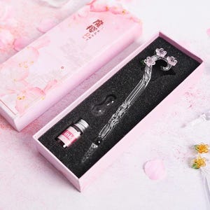 Elegante Sakura-glazen dippennen || Kristalkalligrafiepen met inkt: perfect cadeau voor kunst- en schrijfliefhebbers