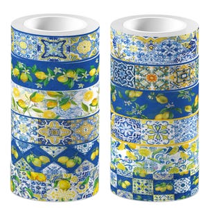 Ensemble de 12 rouleaux de ruban adhésif Washi – Carreaux bleus et motifs citron || Ruban adhésif décoratif estival pour scrapbooking, journal, travaux manuels