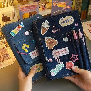 A5 Denim Cover Notebook Binder || Loose-Leaf Journal with Pen Pocket & 100 Sheets of Lined and Grid Paper for DIY Diary and School Use