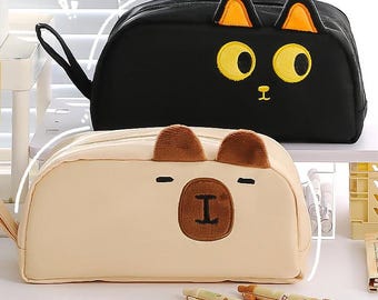 Cute Cartoon Kitten, Capybara or Panda Storage Bag with Plush Ears || Large Capacity & Stylish Design!