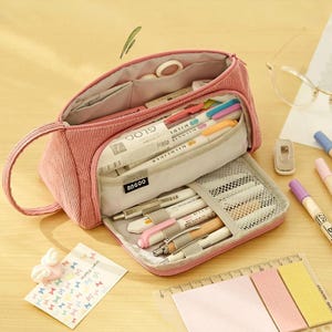 Grande trousse en velours côtelé || Organiseur de papeterie à plusieurs compartiments avec poignée, fermeture à glissière et poches intérieures pour l'école ou les voyages