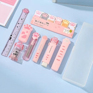 Set di cancelleria Cat Paw - Kit di forniture scolastiche kawaii 9 in 1 / Set regalo con astuccio rosa o bianco / Accessori per il ritorno a scuola e per la scrivania