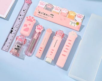 Cat Paw Stationery Set – 9 in 1 Kawaii School Supplies Kit | Pink or White Cute Pencil Case Gift Set | Back to School & Desk Accessories