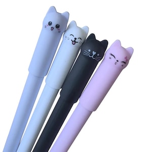 Juego de 4/8 bolígrafos de gel borrables con forma de gato bonito // Escritura suave, tinta recargable, punta de 0,5 mm, tinta negra o azul