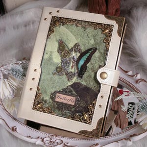 A5 Steampunk Schmetterling Leder Notizbuch || Vintage 3D Schnellhefter mit bebilderten Seiten