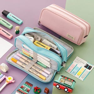 Étui à crayons en toile double face haut de gamme || Organiseur de stylos grande capacité Macaron Colors pour l'école et les voyages