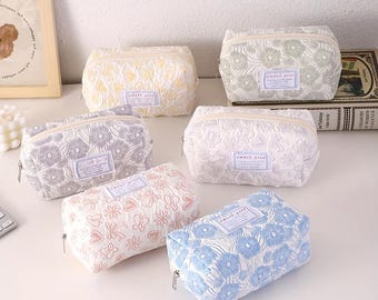 Embroidered Flower Pencil Case | Sweet Girl Quilted Stationery Pouch | Fresh Pastel Cosmetic Bag & Storage Organizer