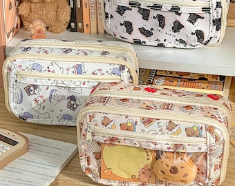 Estojo de lápis multibolsos fofo de desenho animado || Design de capivara, cachorro e gato, para estudantes