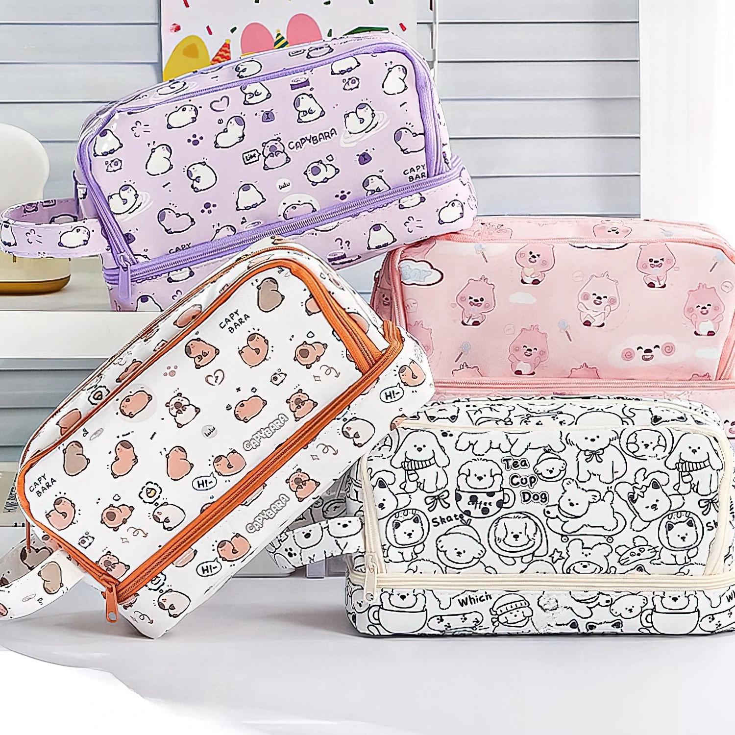 Cute Capybara & Happy Dog Pencil Case || 3 Compartments, Stationery Organizer for School or Office