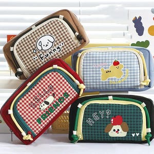 Cute Dog Pencil Case – Large Capacity Retro Plaid Pen Bag for Students | Kawaii Stationery Pouch | Multi-Compartment Organizer