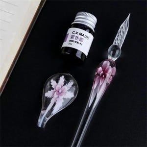 Luxe glazen dippennenset met eeuwige bloem || Handgemaakte kristallen kalligrafiekit met inkt (inclusief geschenkverpakking)