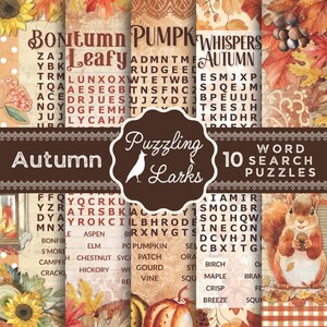 May include: Ten autumn-themed word search puzzles featuring a variety of fall-related words. The puzzles are printed on a brown background with a decorative border. The title "Puzzling Larks" is printed in a brown circle with a stylized bird illustration.