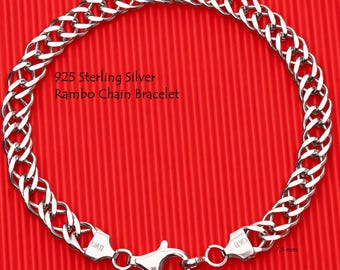 May include: A 925 sterling silver Rambo chain bracelet featuring interlocking links and a lobster claw clasp. The metal has a polished finish. The text 925 Sterling Silver Rambo Chain Bracelet is visible, along with a 7.5 mm width measurement.
