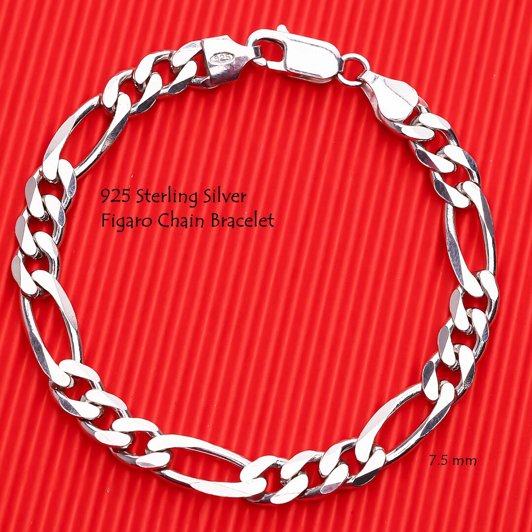 925 Sterling Silver Figaro Chain Bracelet Men Figaro Link Solid Long 