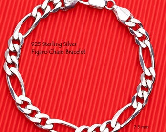 925 Sterling Silver Figaro Chain Bracelet Men, Figaro Link Solid Long Thick Charm Anklet Chain Women, Birthday Gift Jewelry Her Him Wife Dad