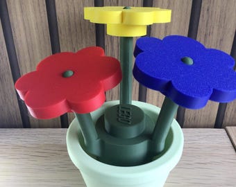 Big Building Brick Flowers and Pot, 3D printed Large Brick accessory