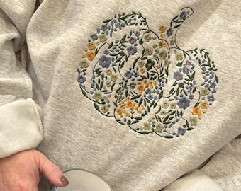 Floral Pumpkin Embroidery Sweatshirt: Dainty Fall Crewneck