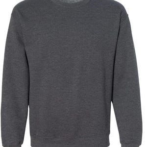 May include: A dark heather gray crewneck sweatshirt. The sweatshirt has a ribbed collar, cuffs, and hem. The fabric appears to be a soft, comfortable material. The overall style is casual and suitable for everyday wear.