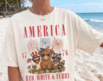 Comfort Colors® Red White And Furry Shirt Funny 4th Of July Animal Tee Patriotic Cow Goose Raccoon Shirt America 1776 Independence Day Gift