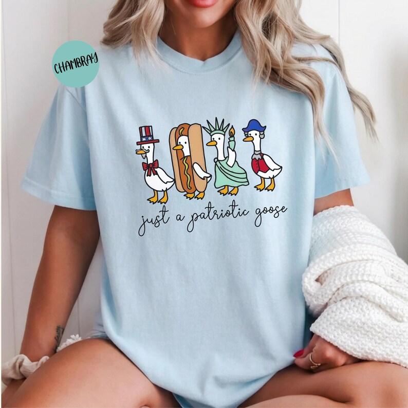 May include: Light blue t-shirt featuring a whimsical illustration of three geese dressed in patriotic attire, including a hot dog and Statue of Liberty costume. The text "just a patriotic goose" is written below the geese in a cursive font.