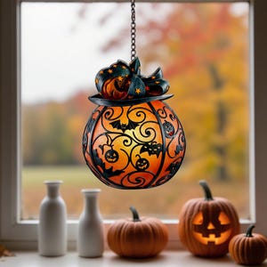 Halloween Pumpkin Lantern Hanging Light with Bats and Stars Metal Carved Fall Decor for Spooky Autumn Home or Party Display