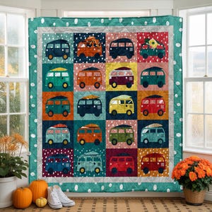 Personalized Camper Van Quilt Blanket, Custom Car Camping Blanket, Campfire Quilt Blanket, Camping Bedding Blanket, Camping Lover Gift