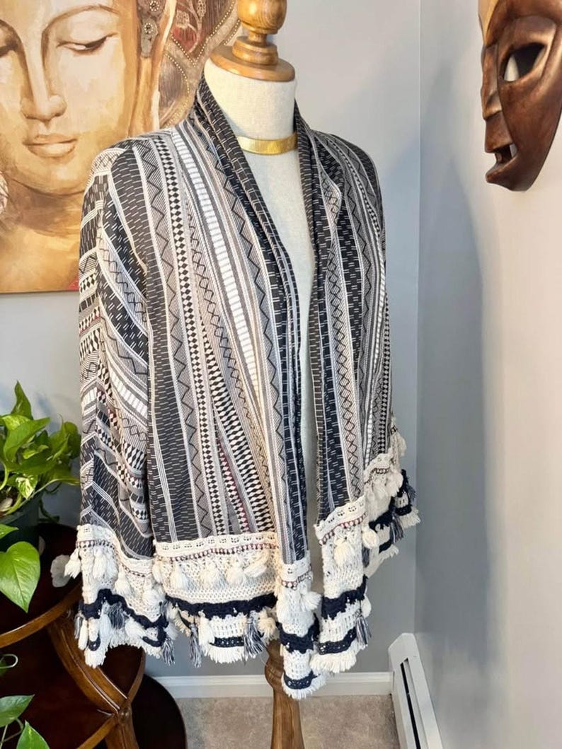 ZARA Boho Tassel Kimono: Tribal Print Cotton Cardigan image 7